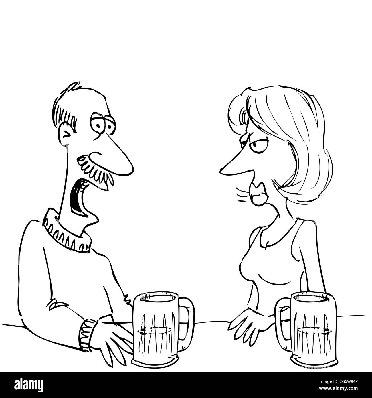 Divertente illustrazione cartoon di persone in un pub che parlano con spazio per il testo Foto Stock