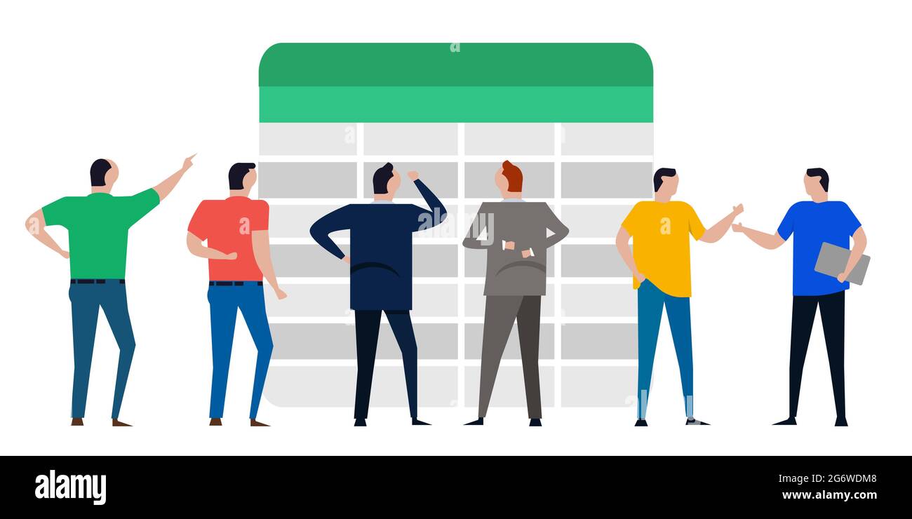 controllo dei dati dei documenti su foglio di calcolo da parte del contabile in ufficio, persone che parlano di numero Illustrazione Vettoriale