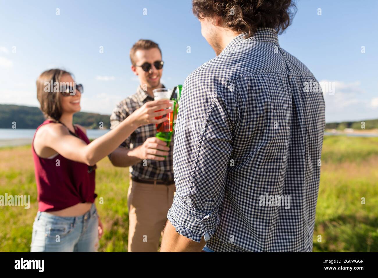 Un gruppo di uomini e donne a barbecue party in campo la tostatura con bevande Foto Stock