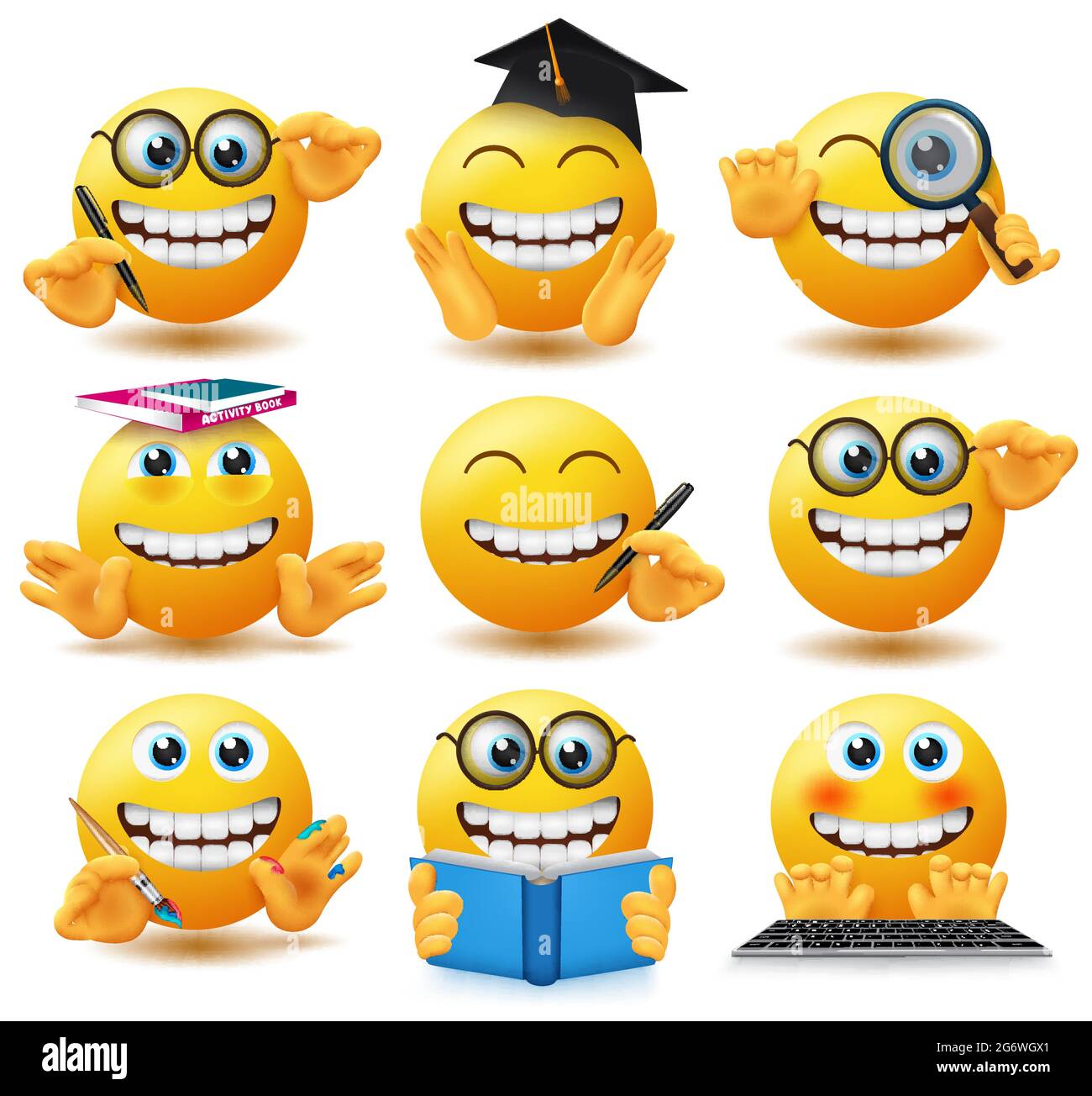 Insieme di vettori emoticon per studenti della scuola di Smileys. Emojis smiley in espressione felice e allegra con posa educativa e gesti come lo studio, la pittura. Illustrazione Vettoriale