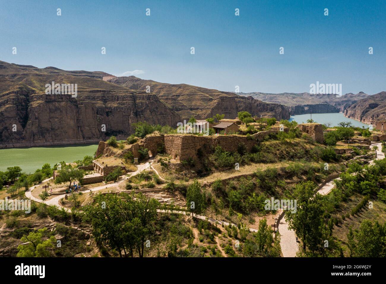 Vista aerea del fiume giallo fonte scenario in Lao Niu WAN, Laoniu Bay, Pianguan, Shanxi, Cina Foto Stock