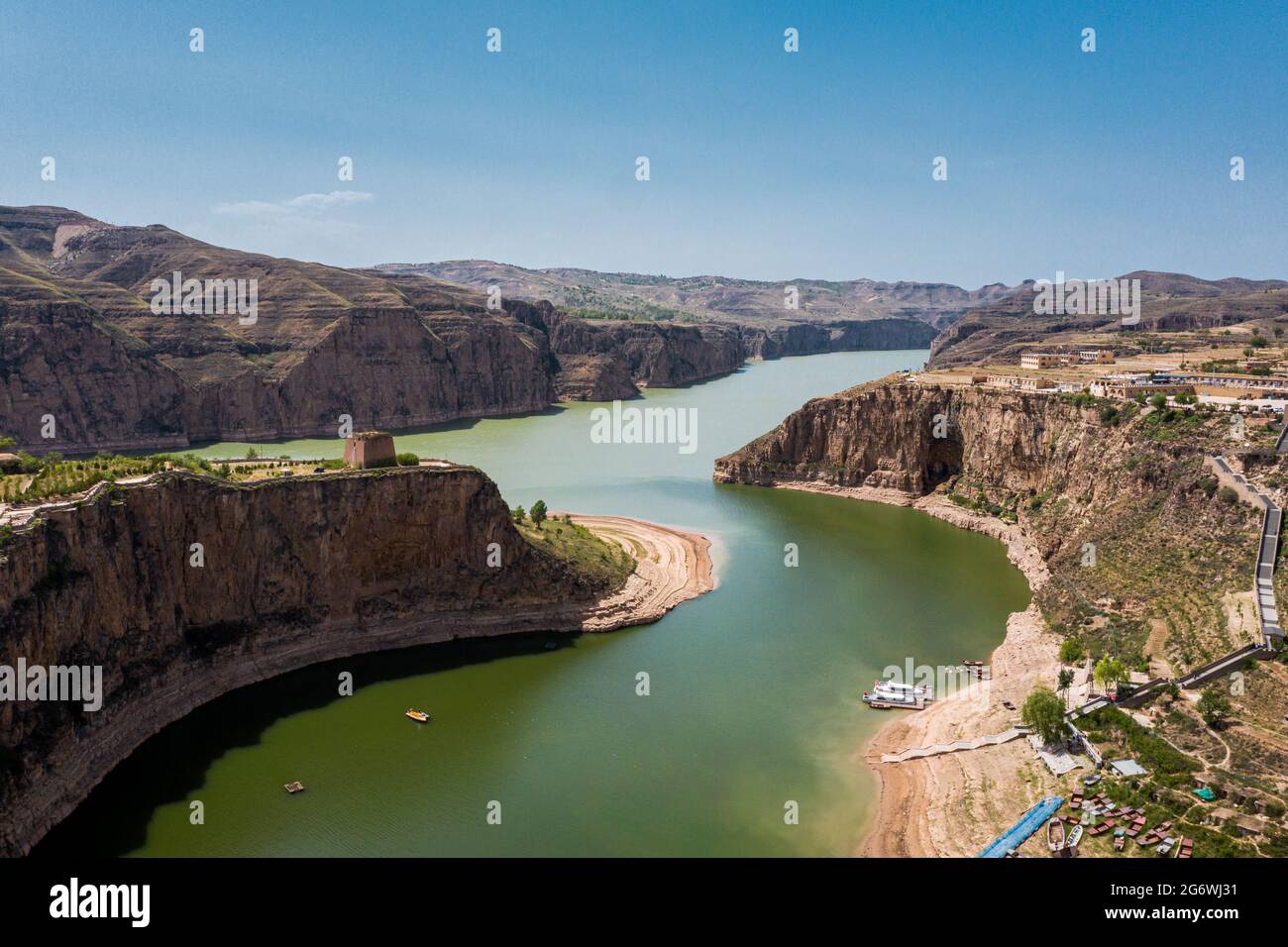 Vista aerea del fiume giallo fonte scenario in Lao Niu WAN, Laoniu Bay, Pianguan, Shanxi, Cina Foto Stock