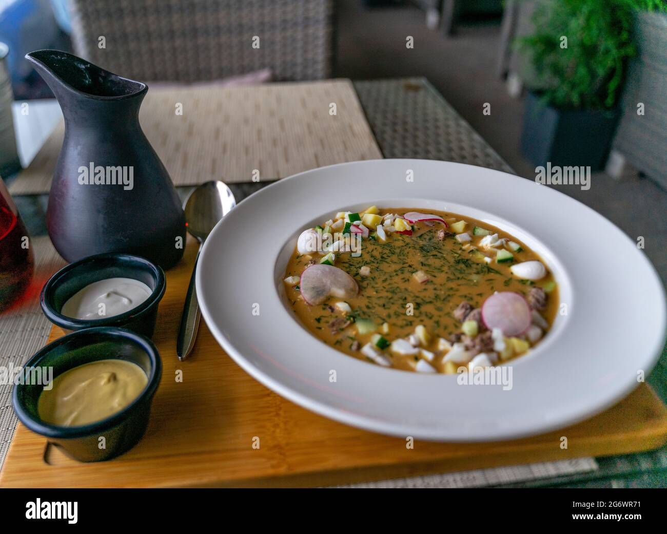 L'okroshka, una zuppa fredda russa, servita su un piatto bianco; gli ingredienti sono kvas, verdure crude, carne cotta. Foto Stock
