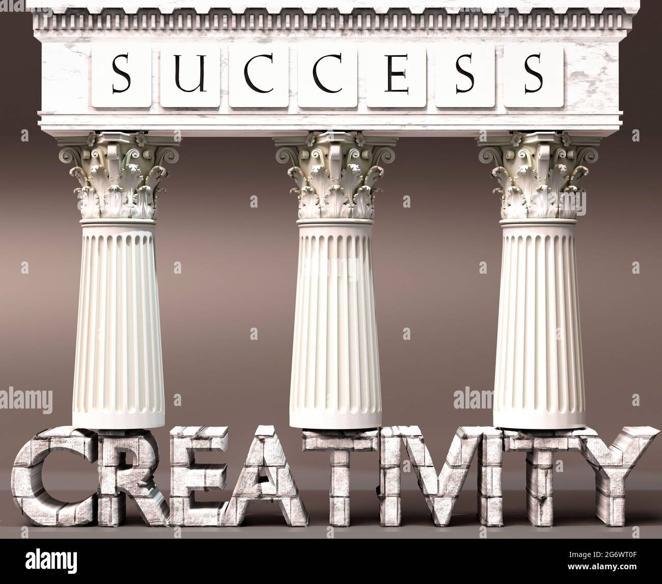 La creatività come fondamento del successo - simboleggiata da pilastri di successo sostenuti dalla creatività per dimostrare che è essenziale per raggiungere gli obiettivi e a. Foto Stock