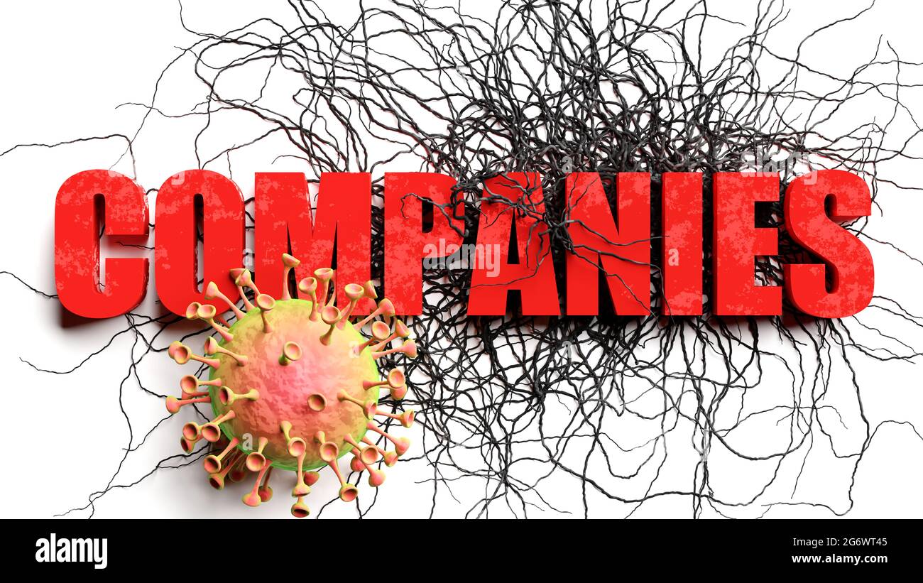 Il degrado e le aziende durante la pandemia di covid, raffigurato come società di frase in declino e un virus corona per simboleggiare i problemi attuali causati da epi Foto Stock