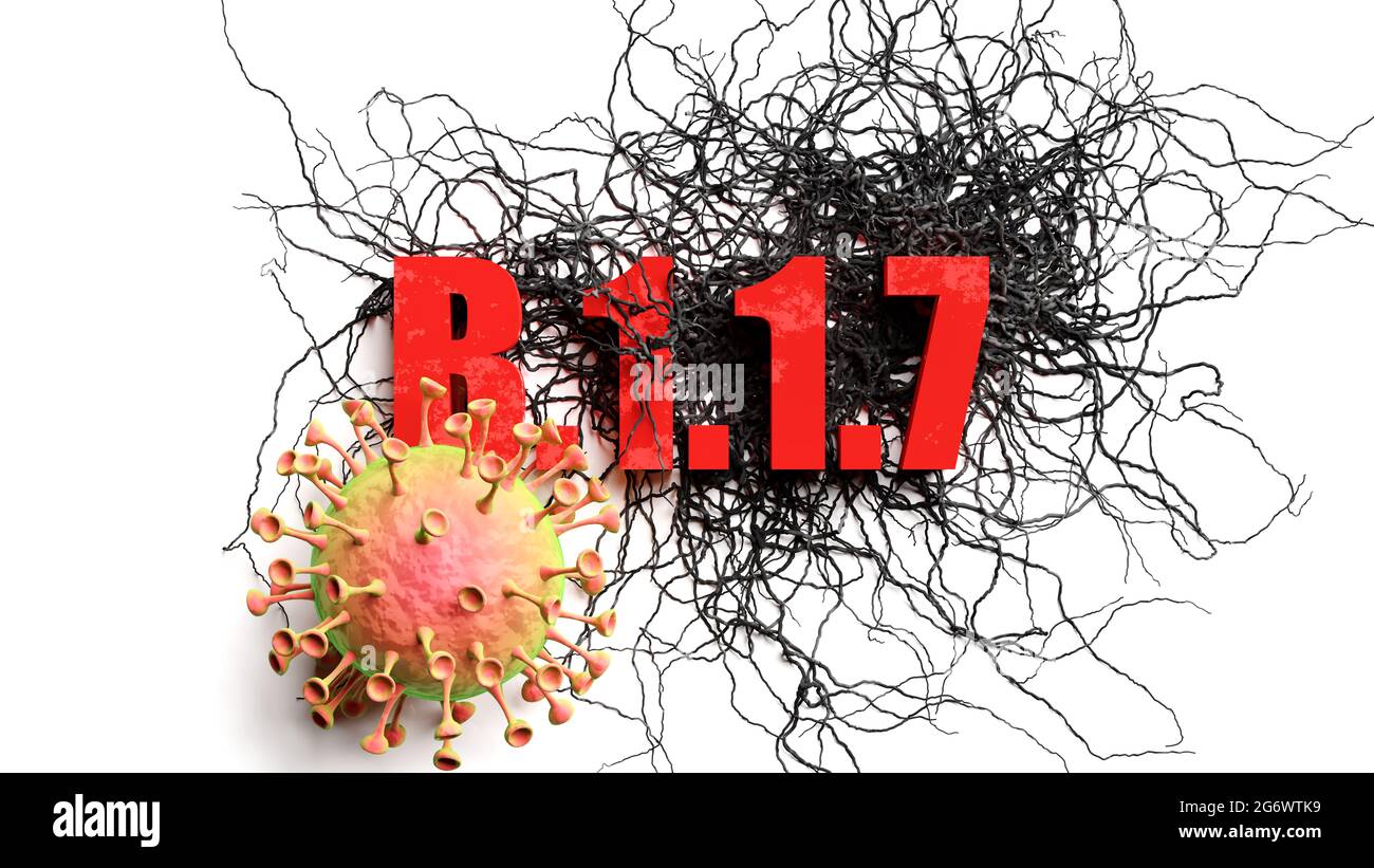 Degradazione e b.1.1.7 durante la pandemia di covidio, raffigurata come la frase in declino b.1.1.7 e un virus della corona per simbolizzare i problemi attuali causati dall'epipidemia Foto Stock
