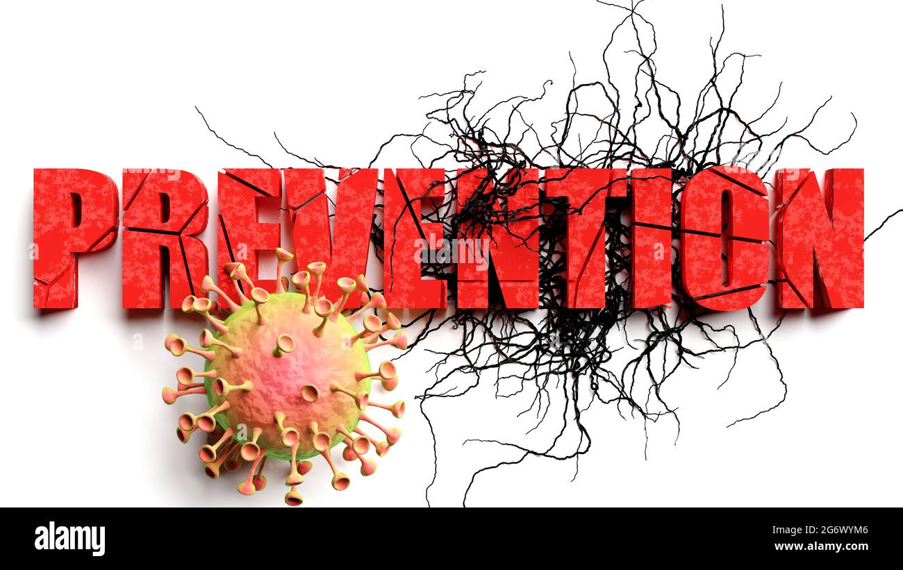 Degradazione e prevenzione durante la pandemia di covid, raffigurato come prevenzione di frase declino e un virus corona per simbolizzare i problemi attuali causati da e Foto Stock