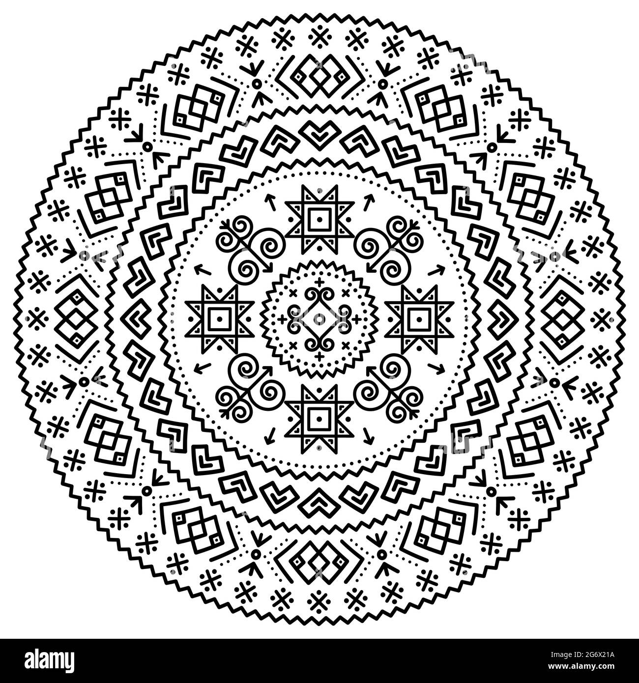 Vettore d'arte popolare slovacco mandala tribale nero con forme geometriche ispirate ai tradizionali dipinti di casa del villaggio Cicmany nella regione di Zilina Illustrazione Vettoriale