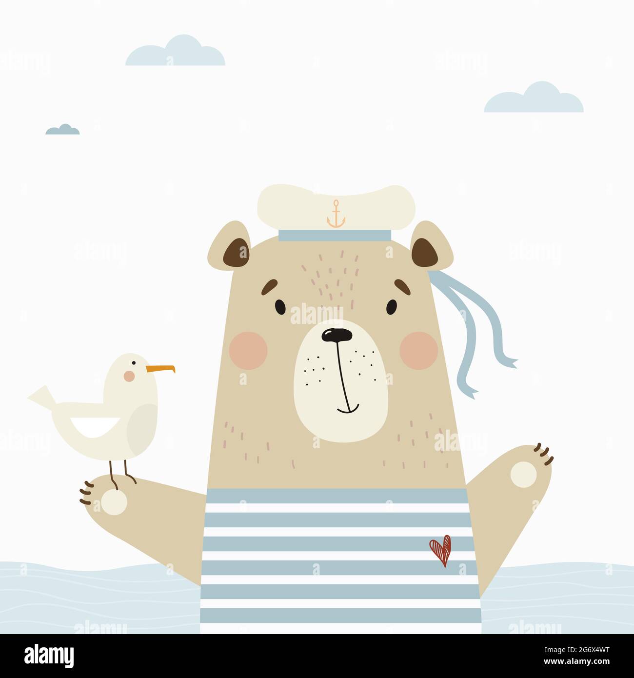 Simpatico marinaio orso in un gilet a righe e cappello con un gabbiano al mare. Illustrazione vettoriale. Poster con animali per bambini raccolta, cartoline, design, Illustrazione Vettoriale