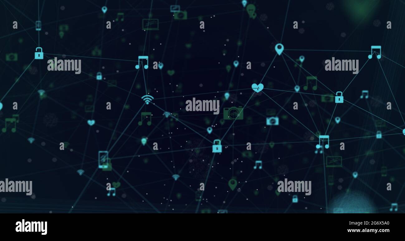 Immagine delle connessioni di rete blu con icone multimediali su sfondo nero Foto Stock