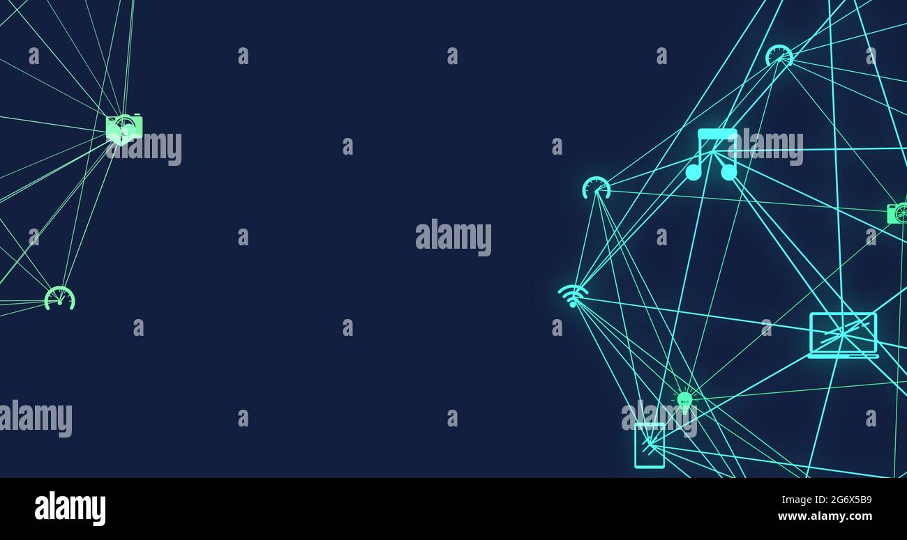 Immagine di due globi di connessioni di rete con icone multimediali Foto Stock