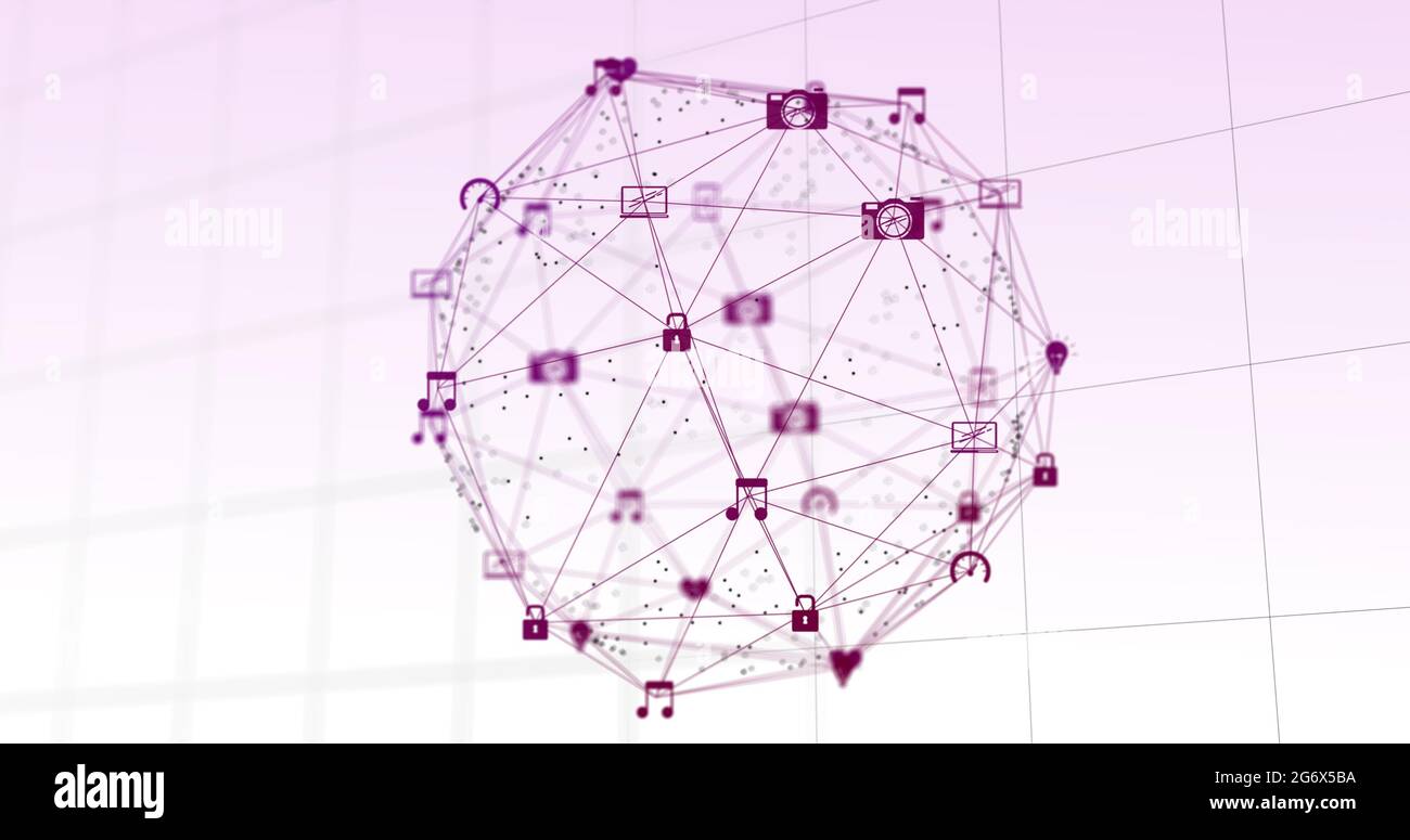Immagine di un globo rosa di connessioni di rete con icone multimediali in rosa con sfondo a griglia Foto Stock