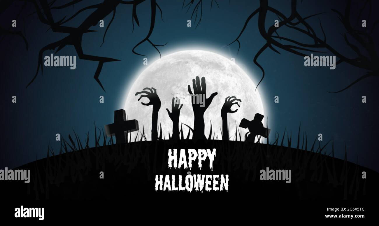Testo di Halloween felice contro le mani e i pipistrelli zombie che volano Foto Stock