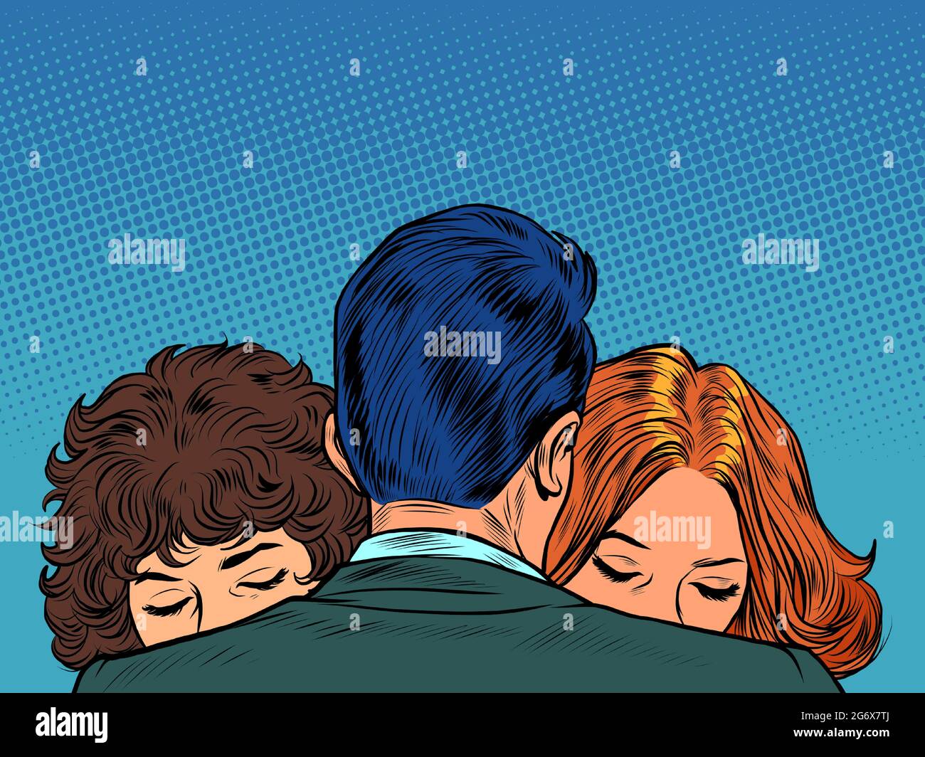 Due donne sono tristi sulla spalla di un uomo. Tristezza e sostegno. Tradimento Illustrazione Vettoriale