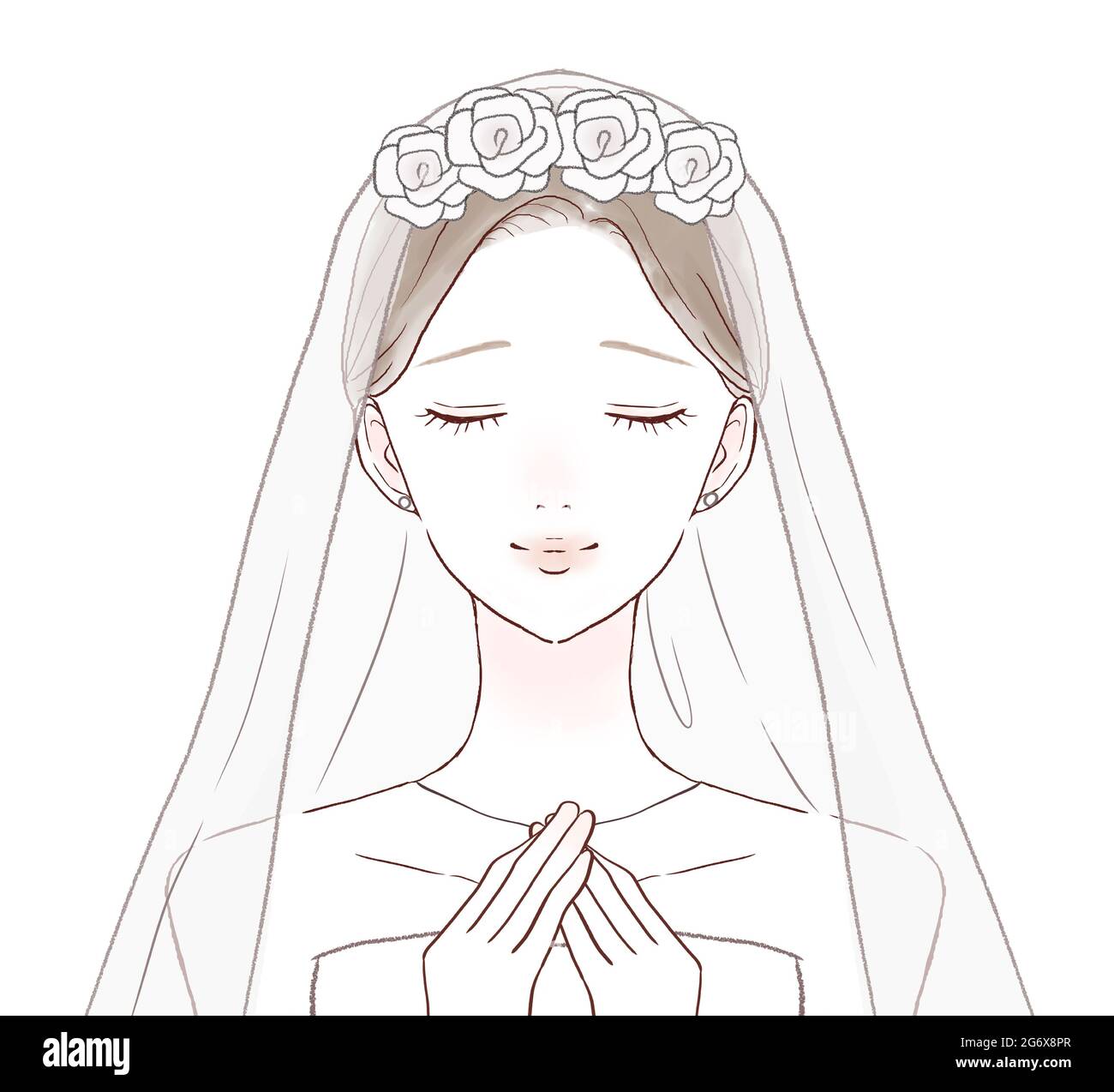 La sposa si solleva con le mani sul petto. Su sfondo bianco. Semplice e carino art style.1 persona, fronte, busto-up. Foto Stock La sposa si solleva con le mani sul petto. Su sfondo bianco. Semplice e carino art style.1 persona, fronte, busto-up. Foto Stock