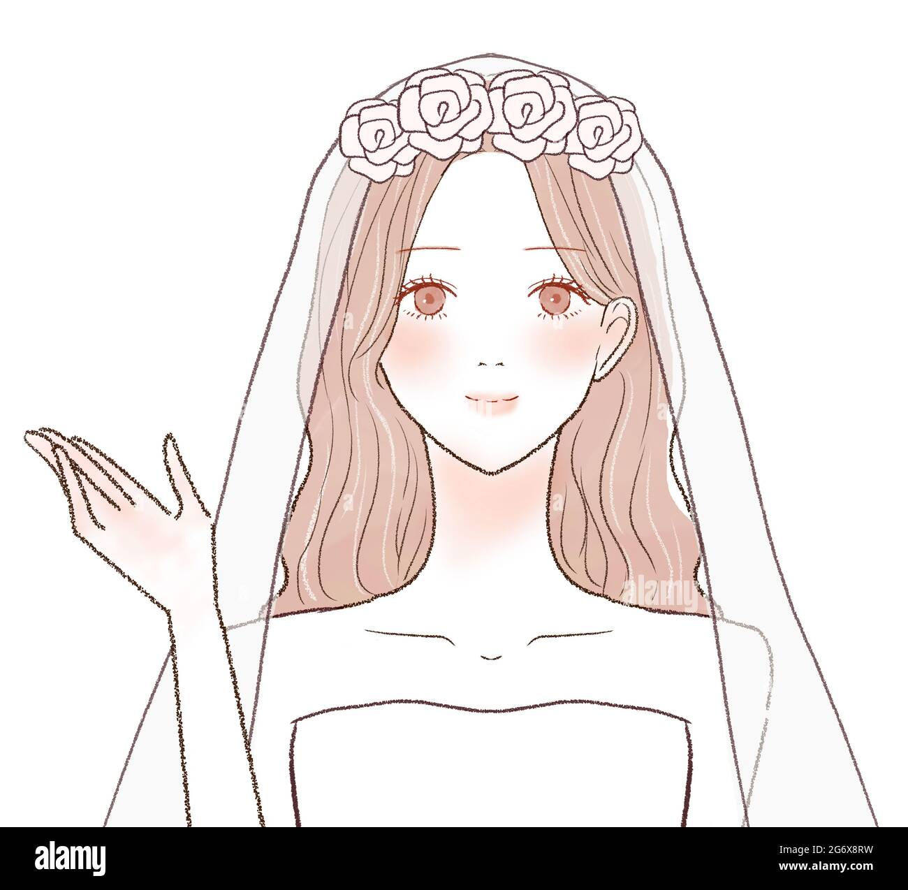 La sposa che è guidata con una mano fuori. Su sfondo bianco. Semplice e carino art style.1 persona, fronte, busto-up. Foto Stock La sposa che è guidata con una mano fuori. Su sfondo bianco. Semplice e carino art style.1 persona, fronte, busto-up. Foto Stock