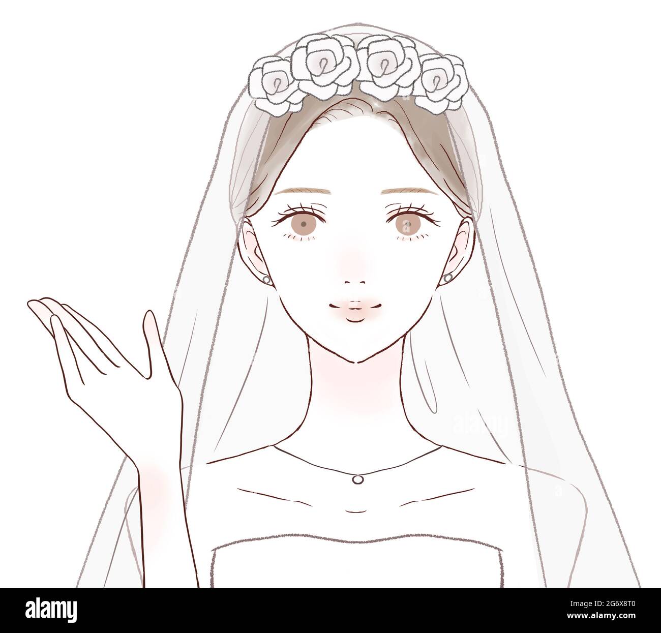 La sposa che è guidata con una mano fuori. Su sfondo bianco. Semplice e carino art style.1 persona, fronte, busto-up. Foto Stock La sposa che è guidata con una mano fuori. Su sfondo bianco. Semplice e carino art style.1 persona, fronte, busto-up. Foto Stock