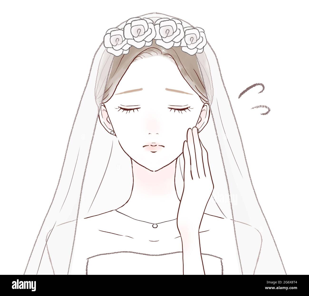 Sposa in difficoltà con le mani sulle guance. Su sfondo bianco. Semplice e carino art style.1 persona, fronte, busto-up. Foto Stock Sposa in difficoltà con le mani sulle guance. Su sfondo bianco. Semplice e carino art style.1 persona, fronte, busto-up. Foto Stock