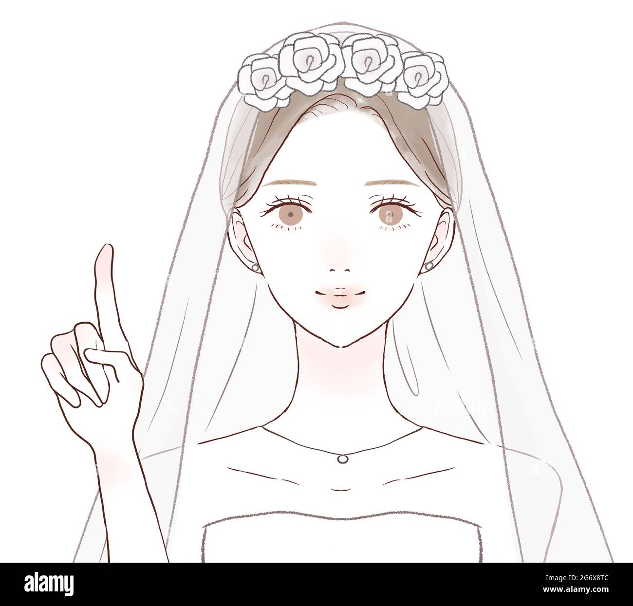 La sposa spiegando mentre punta il suo dito. Su sfondo bianco. Semplice e carino art style.1 persona, fronte, busto-up. Foto Stock