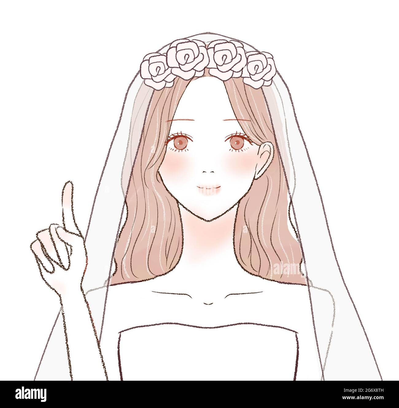 La sposa spiegando mentre punta il suo dito. Su sfondo bianco. Semplice e carino art style.1 persona, fronte, busto-up. Foto Stock La sposa spiegando mentre punta il suo dito. Su sfondo bianco. Semplice e carino art style.1 persona, fronte, busto-up. Foto Stock