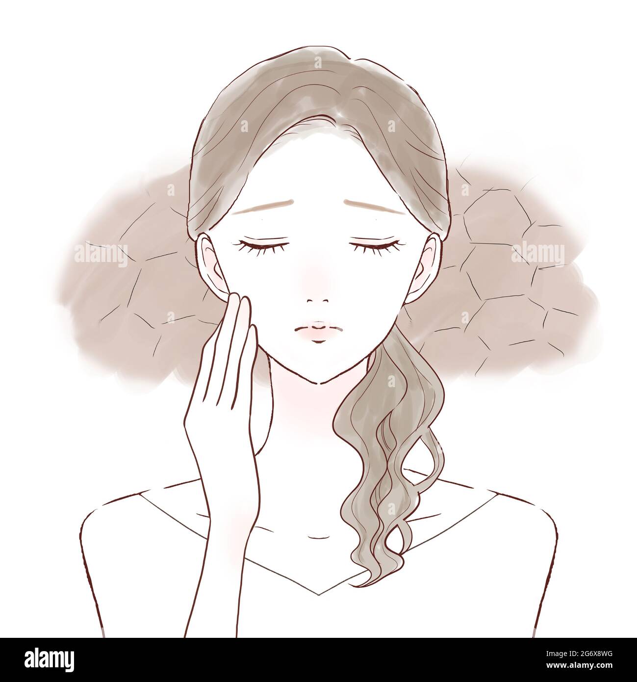 Una donna che soffre di pelle secca. Su sfondo bianco. Semplice e carino art style.1 persona, fronte, busto-up. Foto Stock