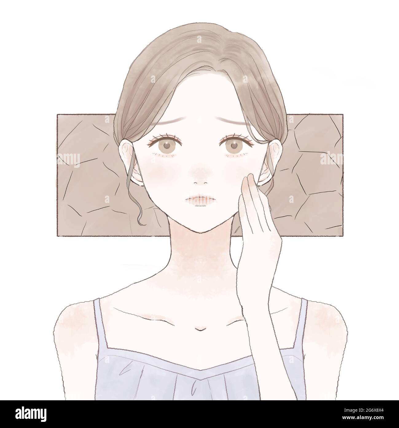 Una donna che soffre di pelle secca. Su sfondo bianco. Semplice e carino art style.1 persona, fronte, busto-up. Foto Stock