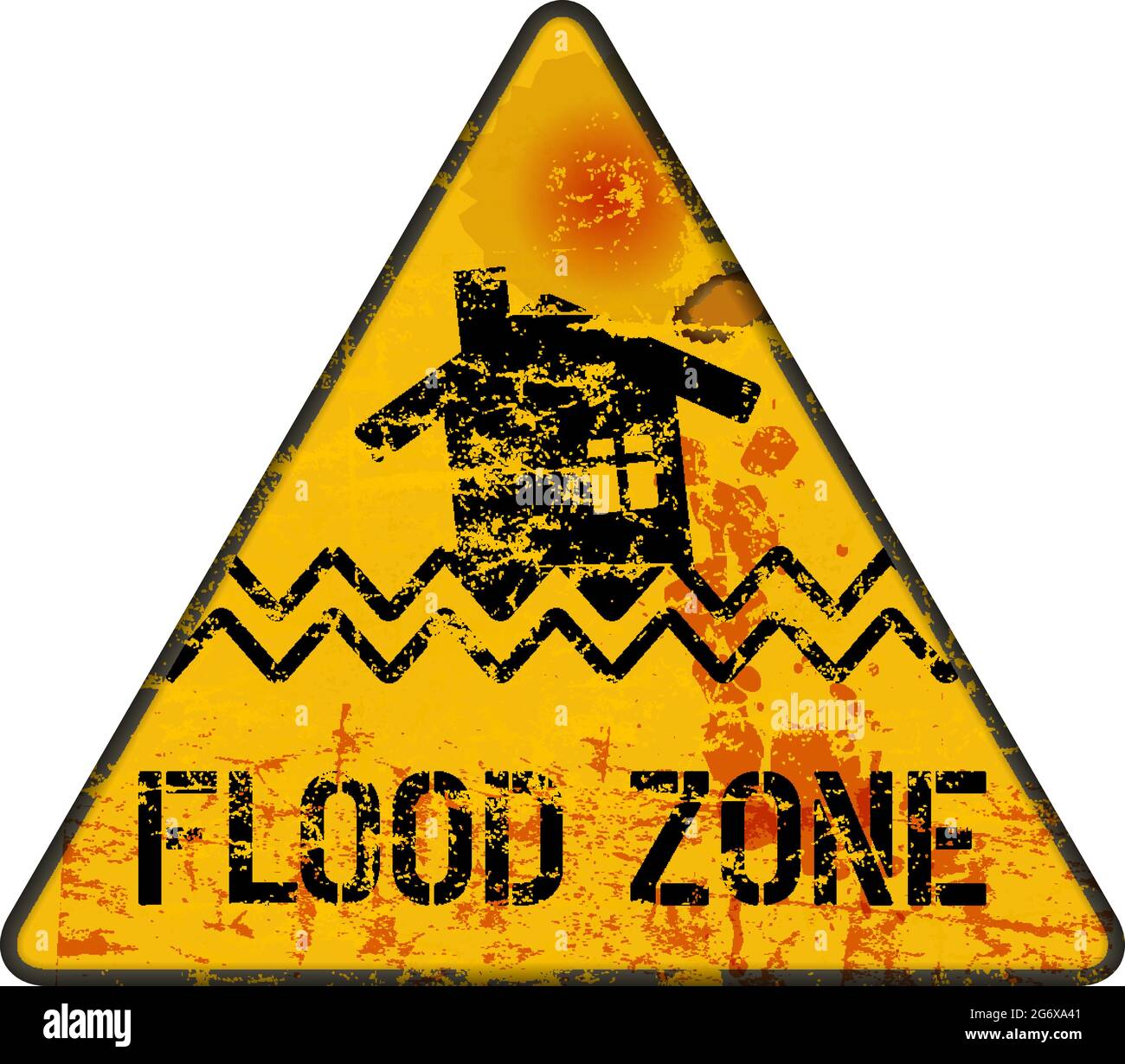 segnale di avvertimento zona di inondazione, cambiamento climatico, inondazione, concetto di allagamento, illustrazione vettoriale, stile grugnoso Illustrazione Vettoriale