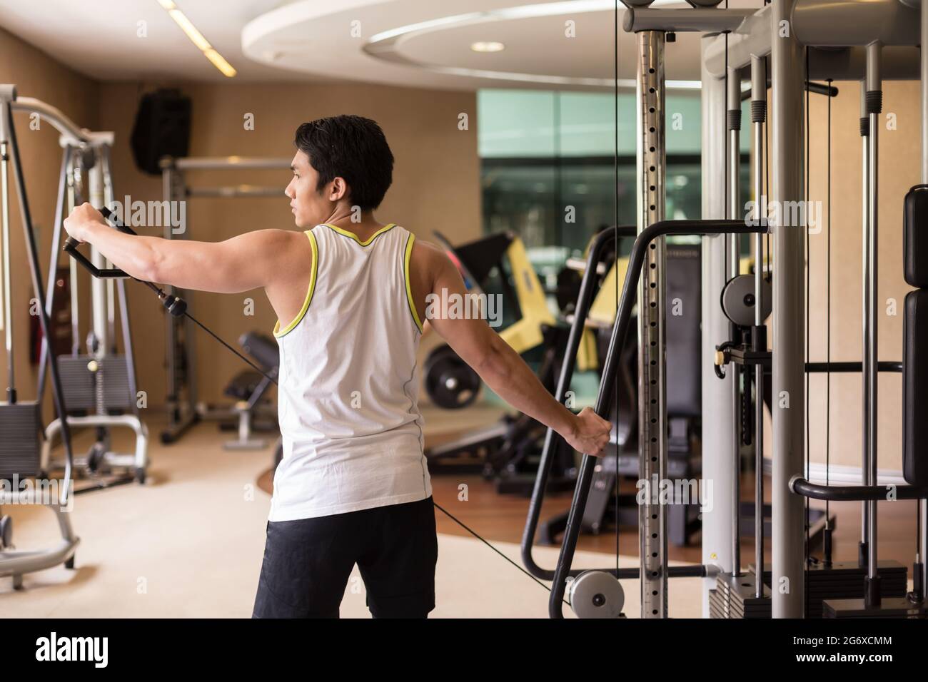Vista posteriore di un giovane uomo forte cavo di sollevamento con un braccio singolo, mentre si esercita laterale o di sollevamento laterale per i muscoli delle spalle in un moderno fitness club Foto Stock Vista posteriore di un giovane uomo forte cavo di sollevamento con un braccio singolo, mentre si esercita laterale o di sollevamento laterale per i muscoli delle spalle in un moderno fitness club Foto Stock