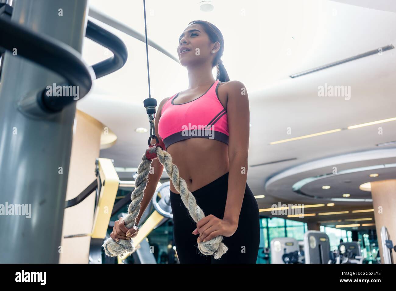 Vista ad angolo basso di una bella donna indonesiana con addome piatto che indossa reggiseno sportivo rosa mentre si esercita corda tricipite prolunga in palestra Foto Stock