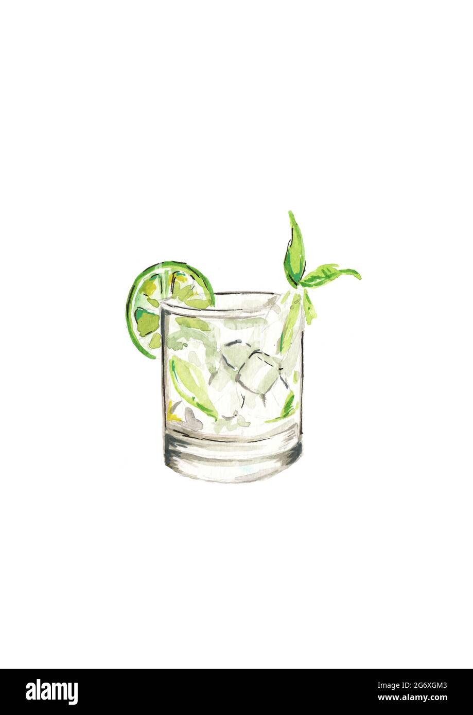 Mano - dipinto acquerello illustrazione di un Gin e tonico o mojito, con ghiaccio, menta e lime su uno sfondo bianco Foto Stock