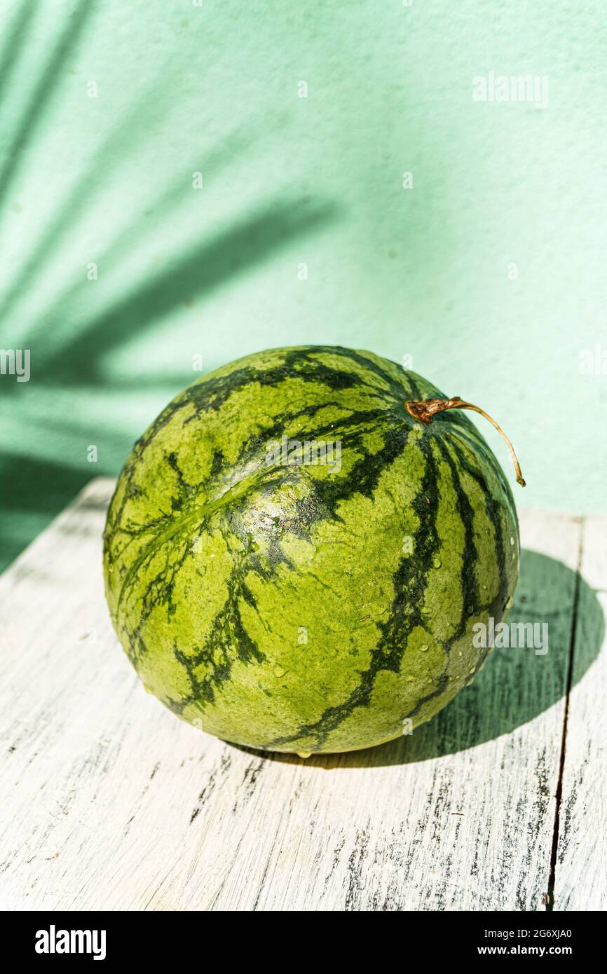 Cocomero, frutta tropicale su uno sfondo luminoso, foto minimalista moderna. Foto Stock