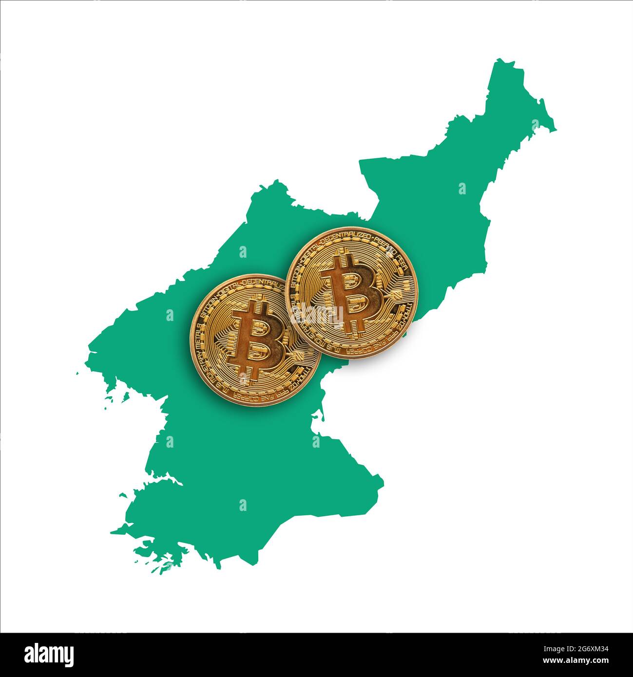 Moneta criptovaluta Bitcoin su una mappa della Corea del Nord Foto Stock