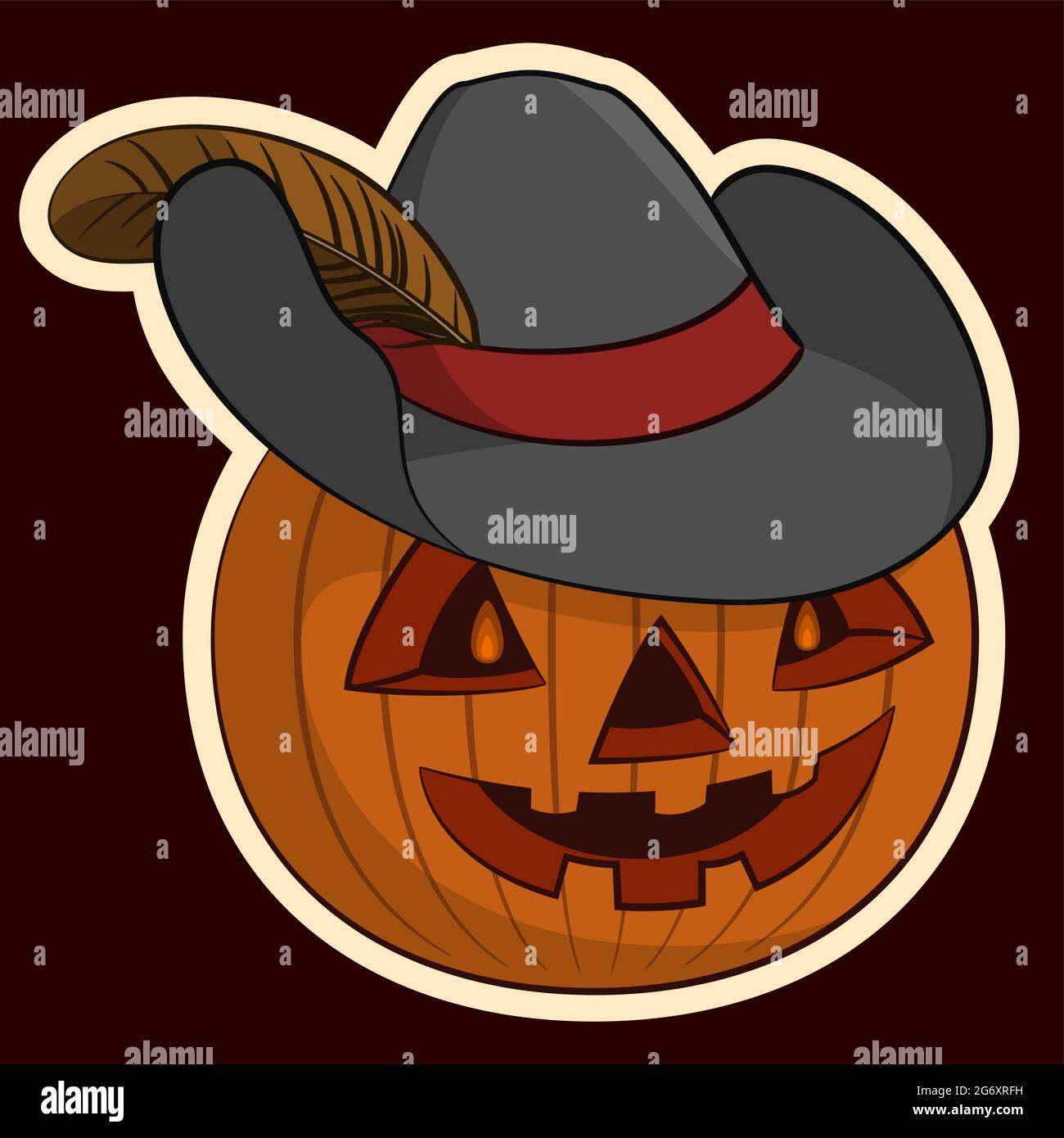 Halloween Holiday Symbol, Pumpkin o Lanterna nel cappello con una Plume, isolato su sfondo bianco. Vettore Illustrazione Vettoriale