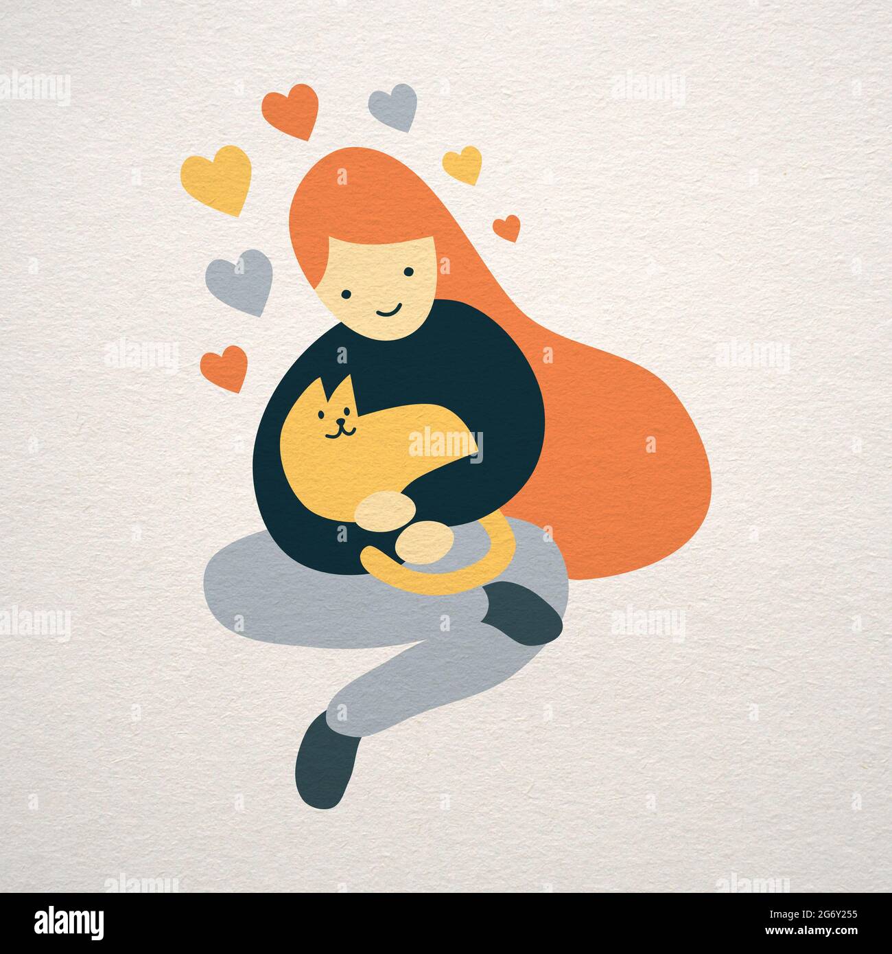 Cat lover girl con il suo animale domestico e forme del cuore illustrazione - disegno piatto e audace di stile di una donna sorridente rosso testa. Concetto di amore per gli animali Foto Stock