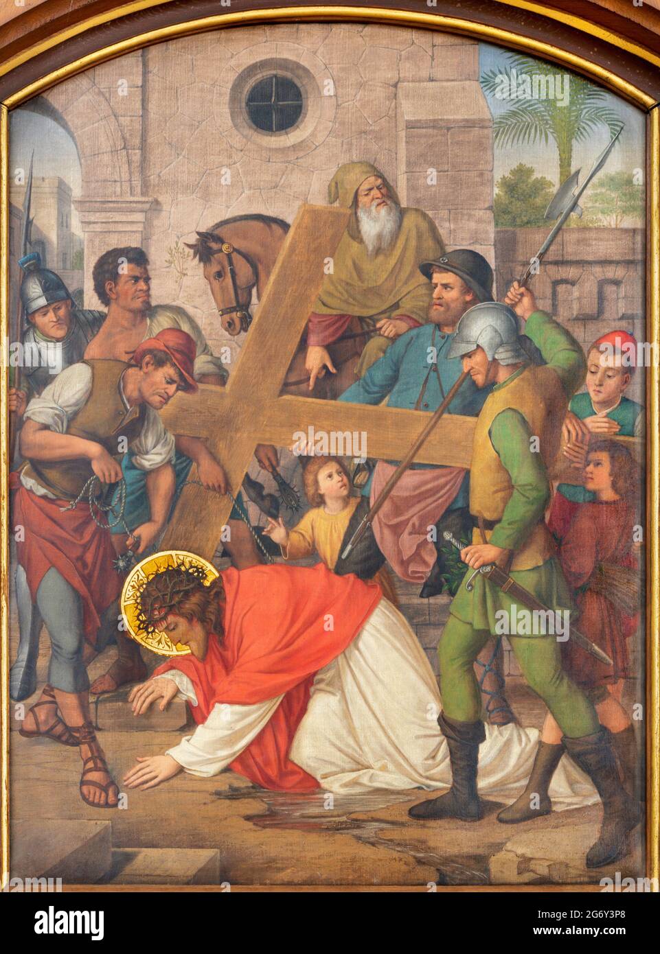VIENNA, AUSTIRA - JUNI 17, 2021: L'affresco di pittura Gesù incontra le donne di Gerusalemme come parte delle stazioni della Via Crucis nella chiesa Marienkirche Foto Stock