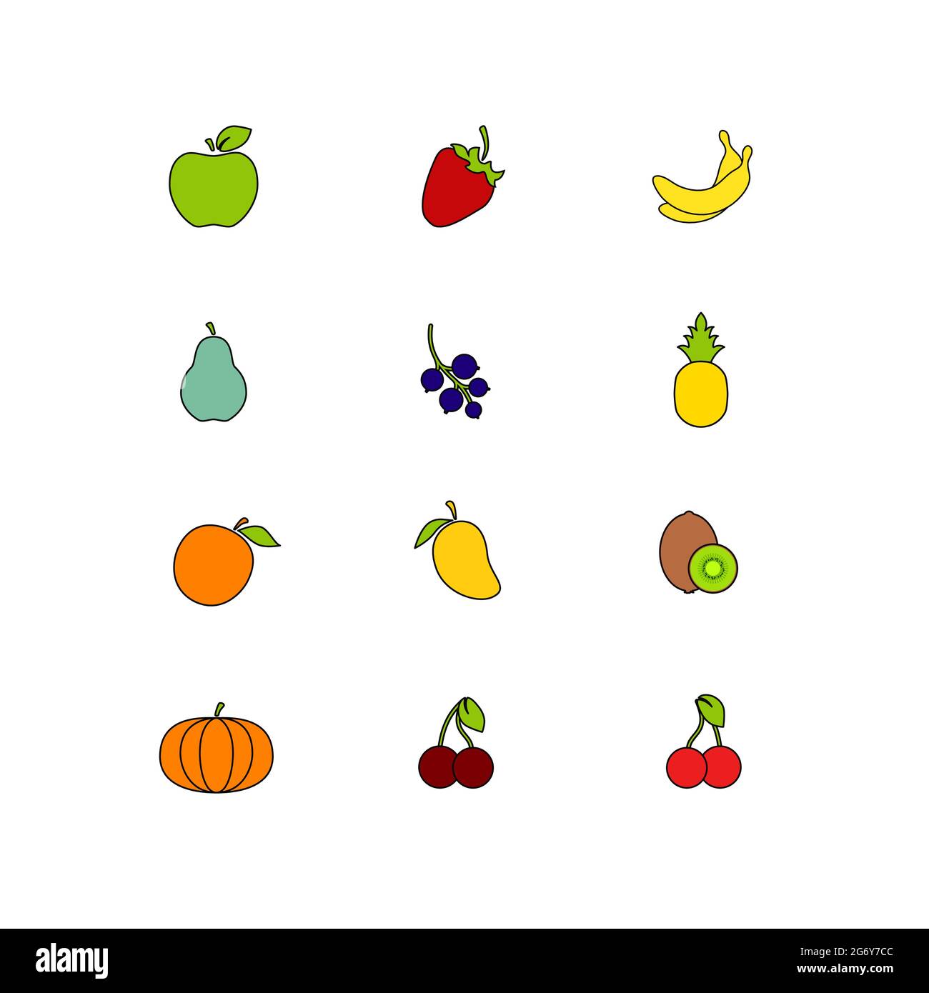 Set di frutta. Raccolta di alimenti sani. Stile piatto con illustrazione della corsa. Icone di frutta e bacche diverse. Vettore isolotato su sfondo bianco Illustrazione Vettoriale