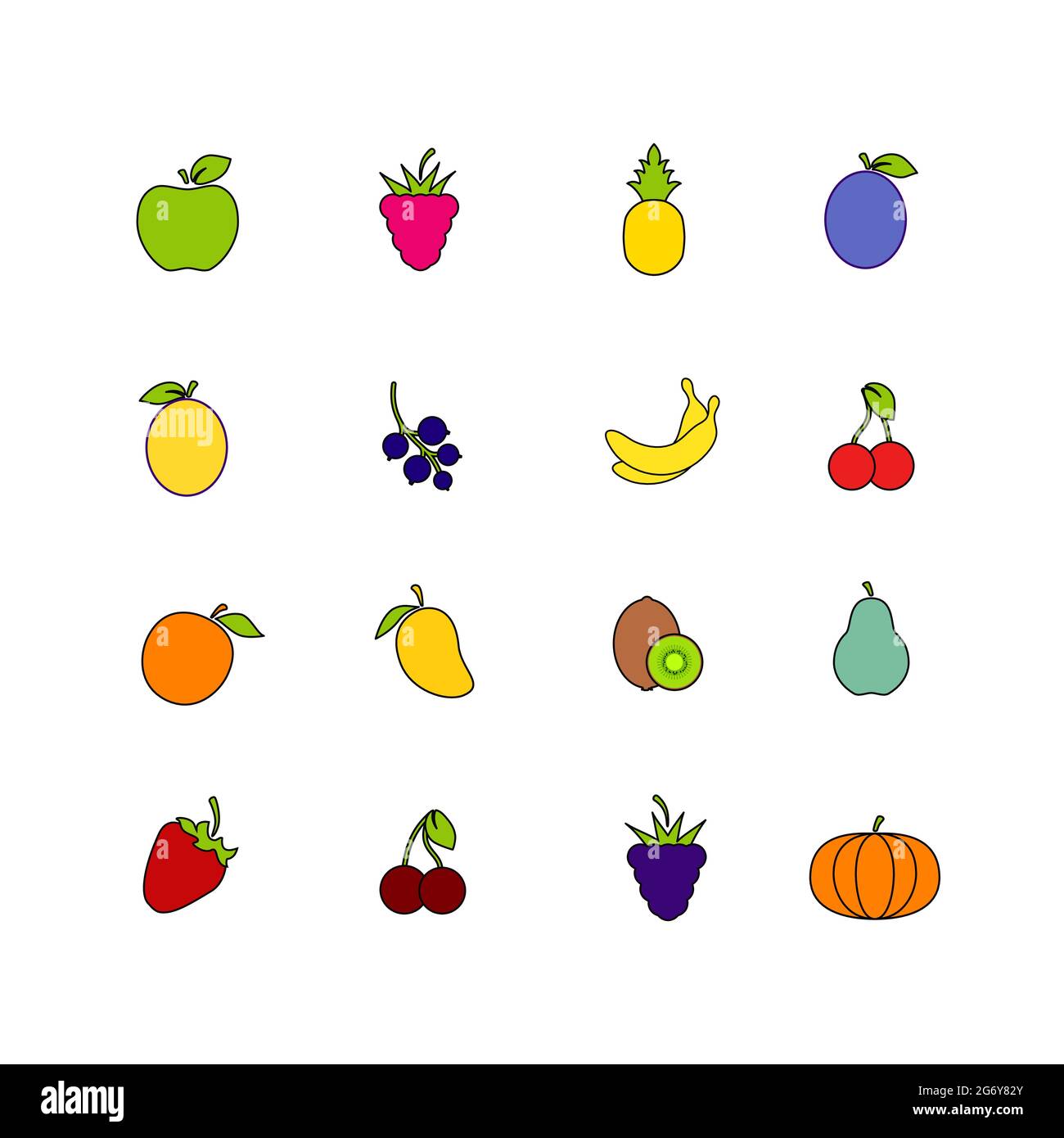 Set di frutta isolotata su sfondo bianco. Raccolta di alimenti sani. Stile piatto con illustrazione della corsa. Icone di frutta e bacche diverse. Vettore Illustrazione Vettoriale