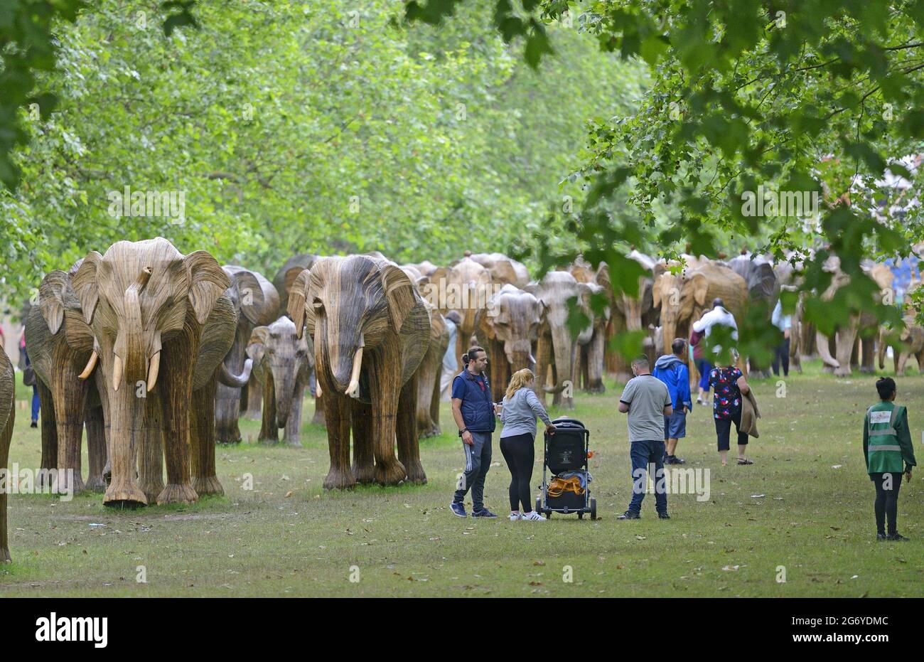 Londra, Inghilterra, Regno Unito. 'Coesistenza' - esposizione di arte ambientale composta da 100 elefanti di legno a grandezza naturale che si muovono intorno a Londra. Qui in verde Pa Foto Stock