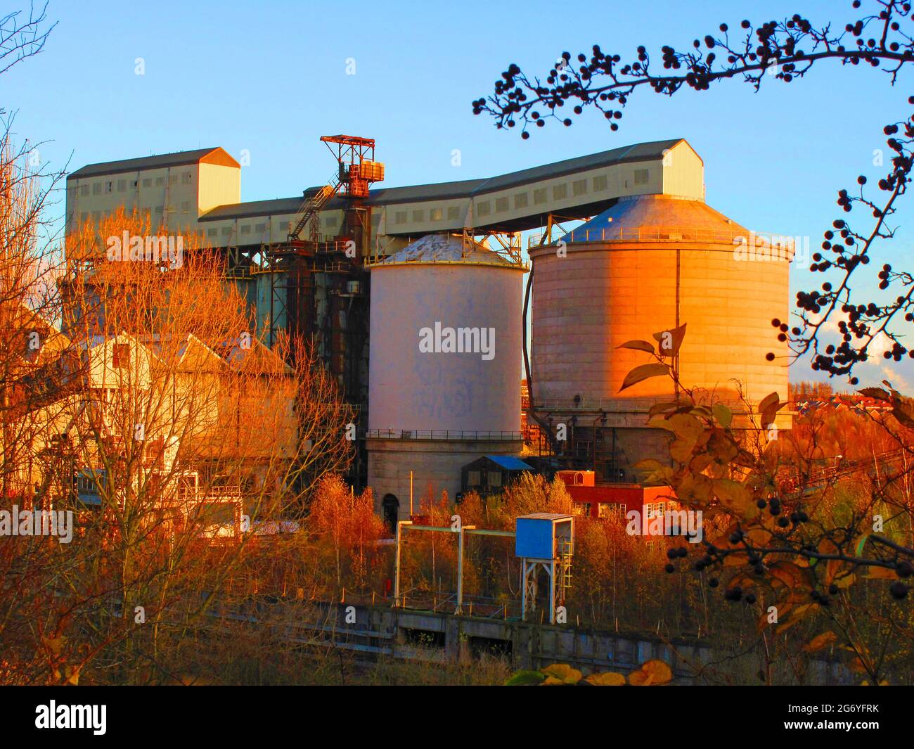 Complesso industriale, con deposito, tramonto Foto Stock