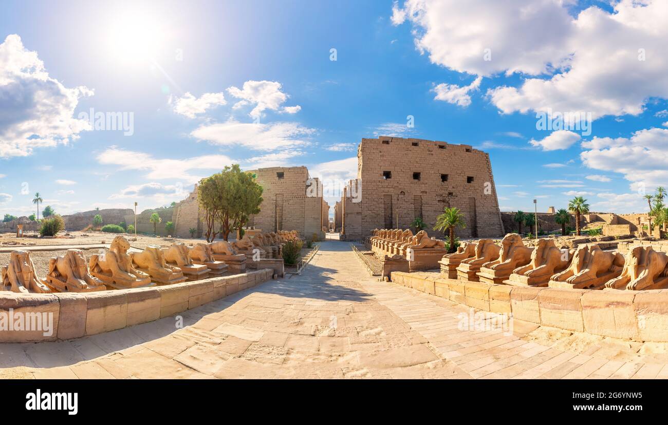 Vicolo di Sphinx in panorama complesso del tempio di Karnak, Luxor, Egitto. Foto Stock