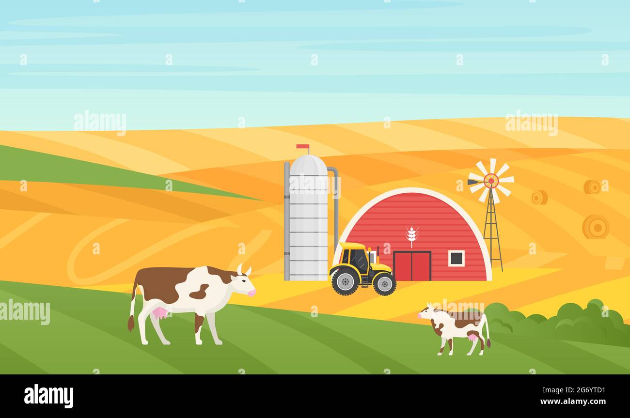 Eco villaggio campagna rurale paesaggio vettoriale illustrazione. Animali di vacca di cartone animato che pascolano su prato verde, fienile casa, trattore di fattoria e silo serbatoio di grano torre di stoccaggio su terreni agricoli background Illustrazione Vettoriale