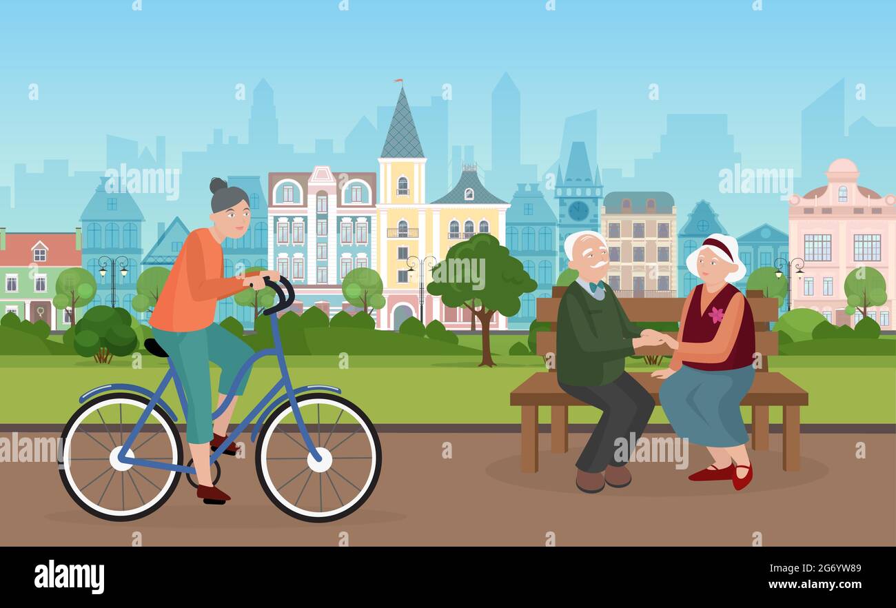 Le persone trascorrono il tempo in città parco illustrazione vettoriale. Paesaggio urbano del cartone animato con i caratteri anziani della coppia seduti sulla panchina insieme, tenendo le mani, la donna che si mette in bicicletta, che cavalcano la bicicletta sullo sfondo della strada Illustrazione Vettoriale
