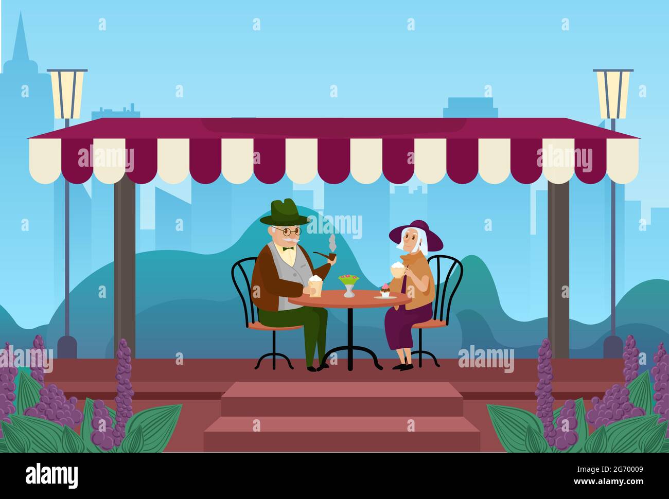 Coppie anziane bere caffè insieme in città strada all'aperto caffè illustrazione vettoriale. Cartoon uomo anziano donna personaggi riunione, bere caffè, mangiare dessert e parlare sfondo Illustrazione Vettoriale