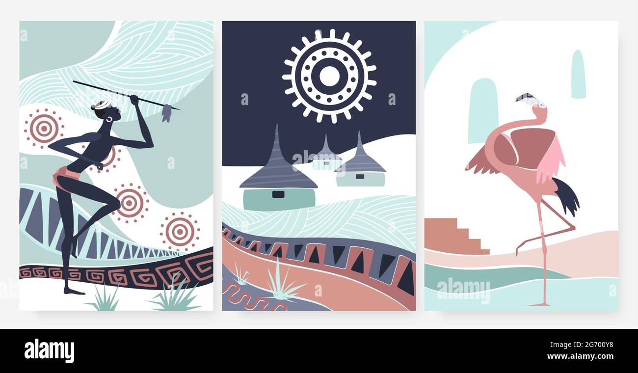 Villaggio africano, ornamento tradizionale etnico modello in arte murale decorazione illustrazione vettoriale. Il fenicottero dei cartoni animati, la gente aborigena della tribù che tiene la lancia, le case popolari native della capanna in insieme africano della carta da parati Illustrazione Vettoriale