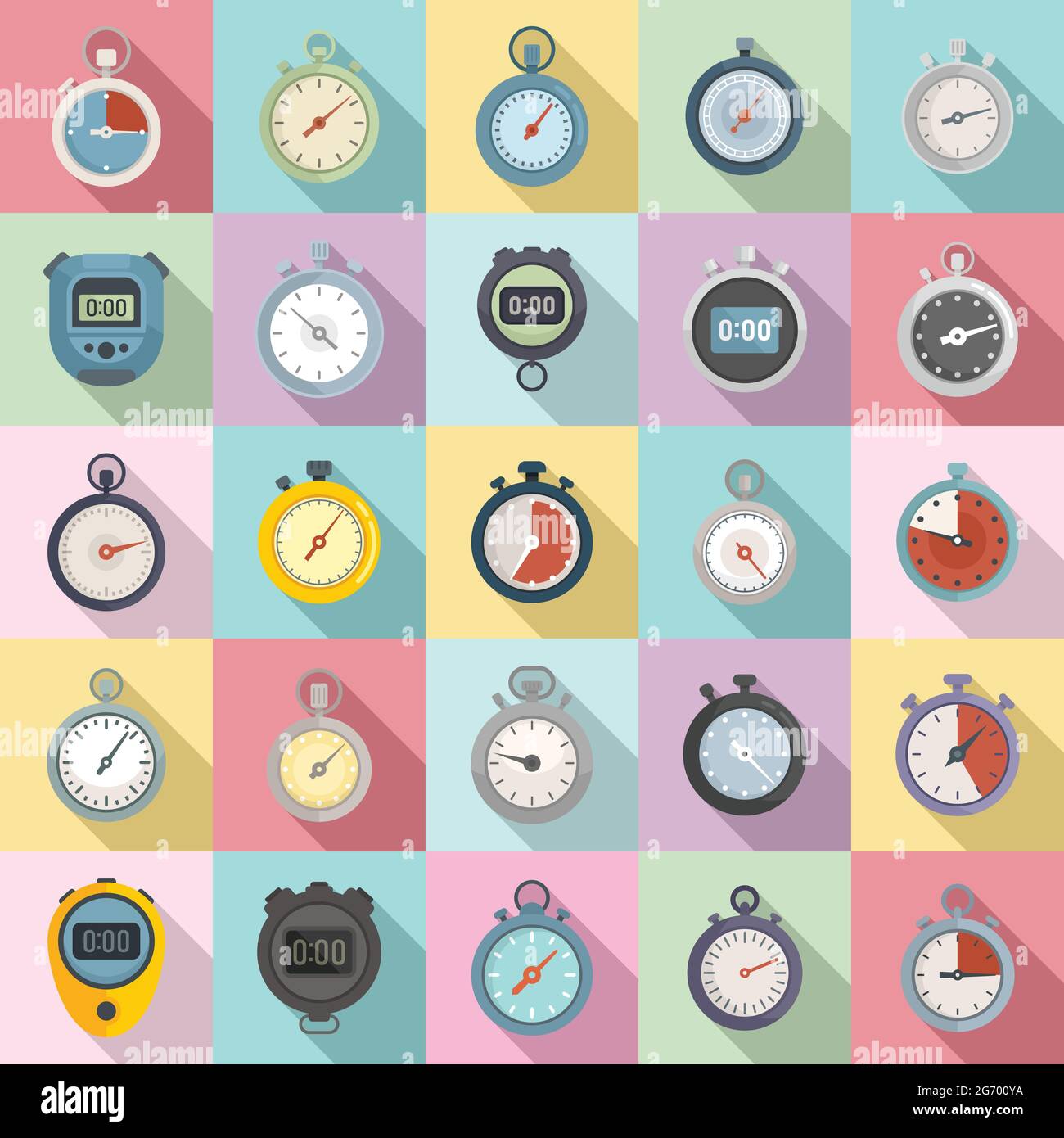 Le icone del cronometro impostano un vettore piatto. Timer dei minuti Illustrazione Vettoriale