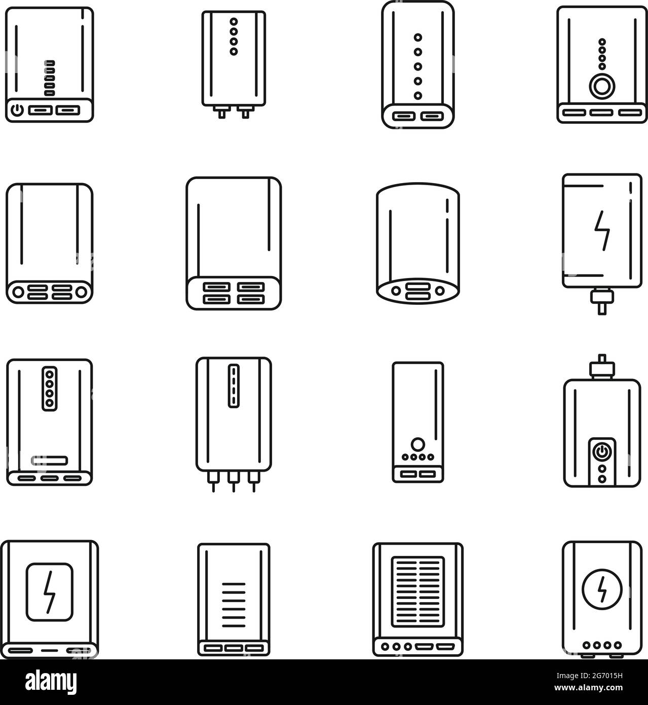 Le icone del caricabatteria del power bank impostano il vettore di contorno. Batteria alternativa Illustrazione Vettoriale