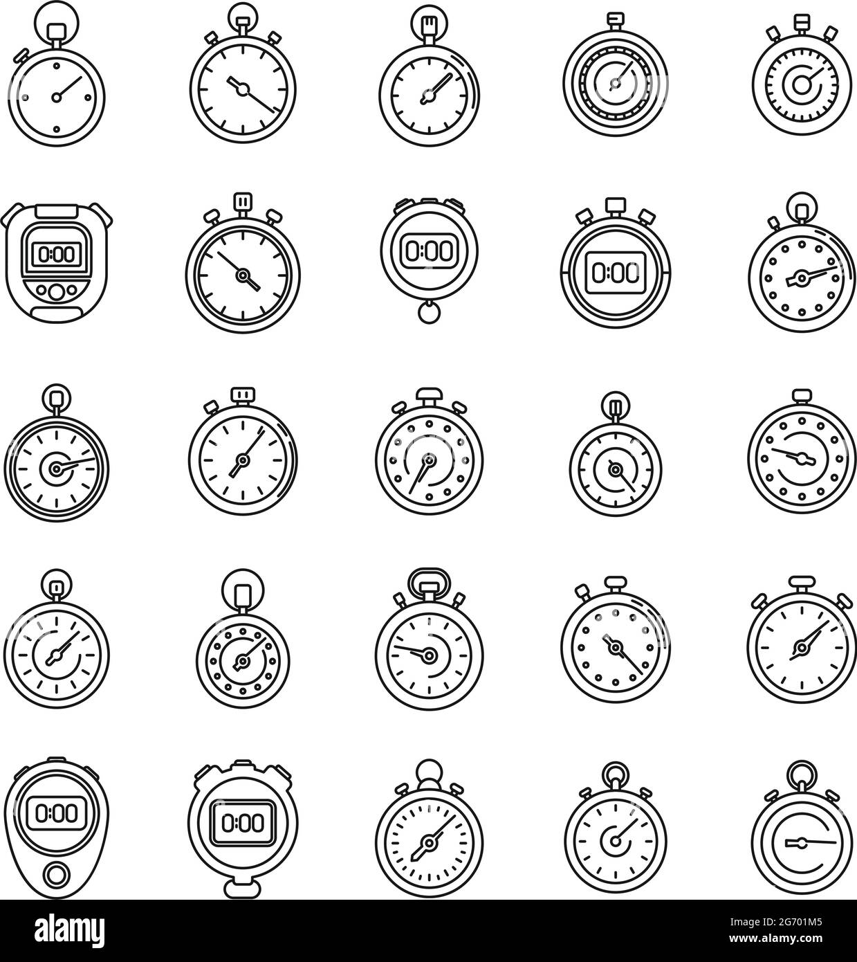 Le icone del cronometro di tempo impostano il vettore di contorno. Timer orologio Illustrazione Vettoriale