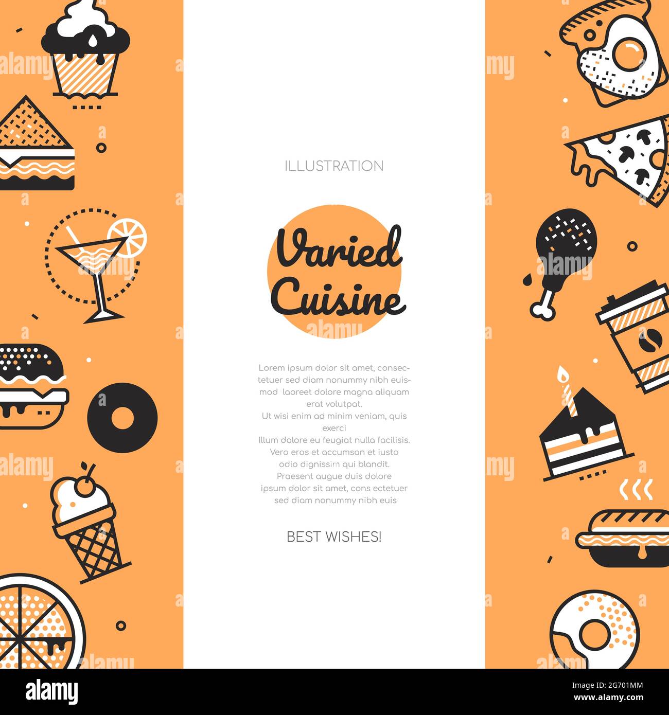 Cucina variata - poster stile design a linee vettoriali con tre righe di sfondo e campo di testo. Immagini di alta qualità per un caffè, un ristorante. Ciambelle, tazza Illustrazione Vettoriale