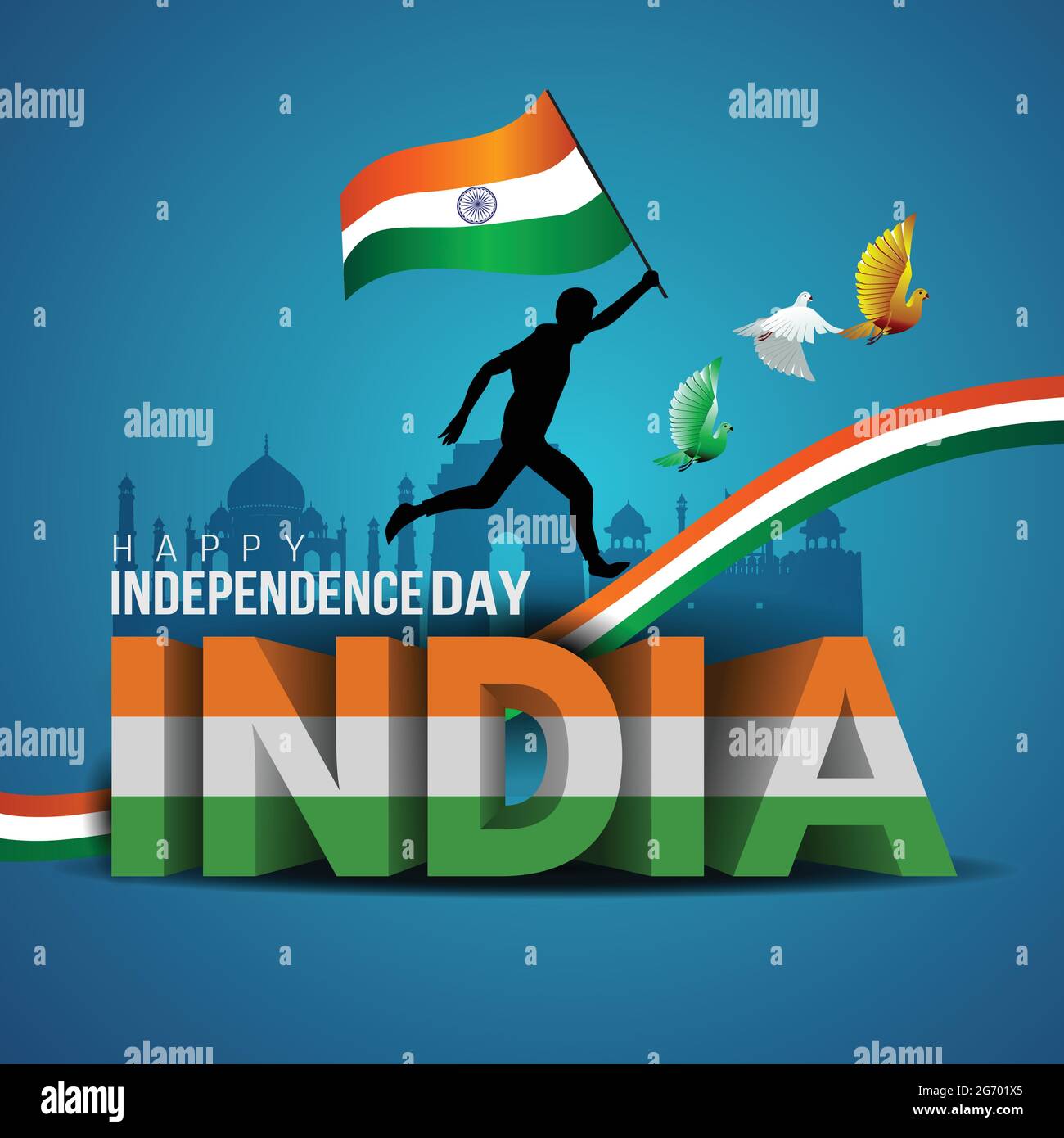 Felice giorno di indipendenza india. Illustrazione vettoriale di bandiera indiana e lettera 3d. Poster, banner, modello di disegno Illustrazione Vettoriale