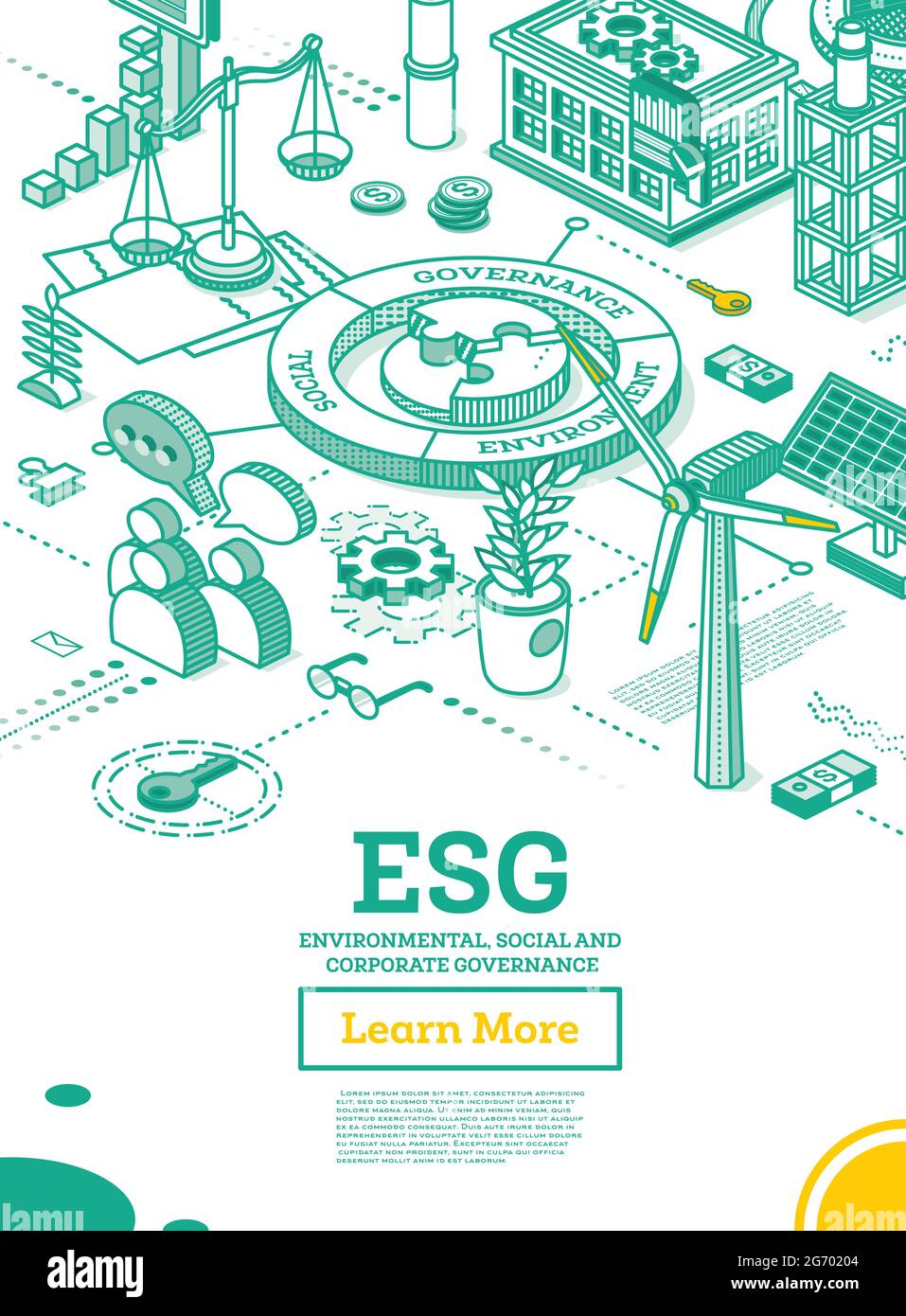 ESG concetto di ambiente, sociale e Governance. Illustrazione vettoriale. Sviluppo sostenibile. Concetto di contorno isometrico. Colore verde. Alternativa Illustrazione Vettoriale